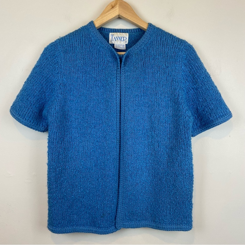 Vintage Tanner Wool Blend Blue One Button Open Front Cardigan Sweater Medium